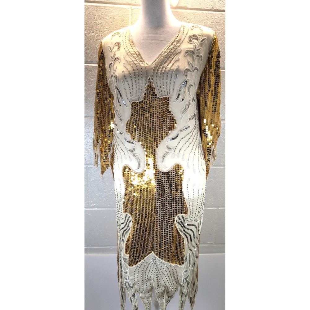 Vintage 1980's Sequin Gold And Silver Cocktail Dress Silk Art Deco Flapper